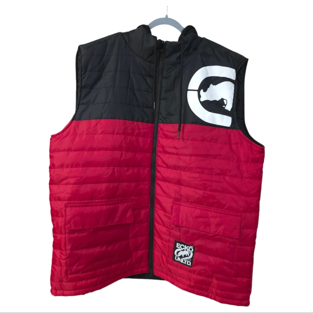 Ecko Unltd Men's Sleeveless Red Black  Full Zippered Hooded Logo Vest, Size 2XL